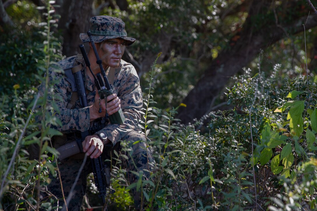 U.S. Marine Corps 1st Lt. William P. Hughes, an executive officer with 1st Battalion, 2d Marine Regiment, 2d Marine Division, conducts a radio check at Bogue Airfield, N.C., Oct. 23, 2021.