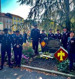 Maj. Gen. Michael Thompson, adjutant general for Oklahoma, poses with members of the Oklahoma Army National Guard around a newly dedicated memorial in Epinal, France honoring the members of the 45th Infantry Division who gave their lives while liberating France in World War II. (Photo provided by Mrs. Debbie Thompson)
