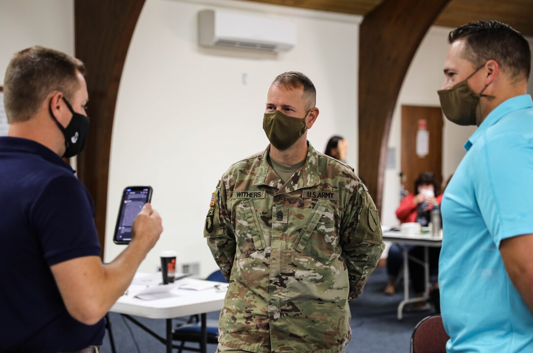 Kentucky Army National Guard Command Sgt. Maj. Jesse Withers meets with attendees of the leadership engagement course Sept. 9-10 at the 123rd Air Lift Wing. The 2 day course is designed to help Soldiers progress their effective leadership skills.