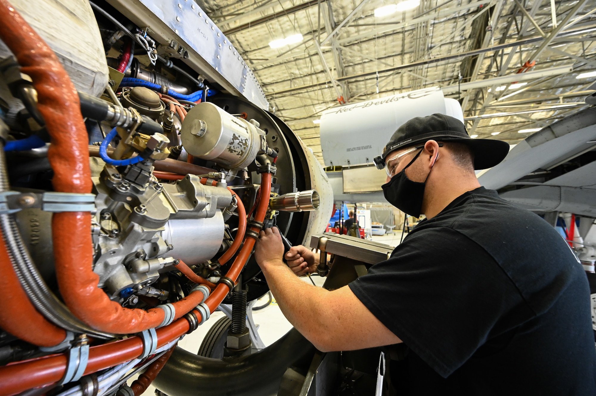 Kalen Cole, 571st Aircraft Maintenance Squadron, works an engine for A-10 Thunderbolt II, tail number 80-0264, at Hill Air Force Base,
