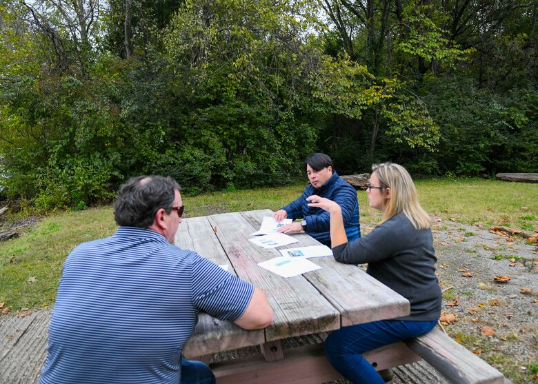 Antioch Middle School science teacher Thomas Yan and Natural Resources Specialist John Baird sat down with Natural Resource Program Manager Crystal Tingle at Old Hickory Lake in Hendersonville, TN to review important scientific data gathered by the USACE environmental study group, so Yan can prepare a lesson plan for his middle school science class.