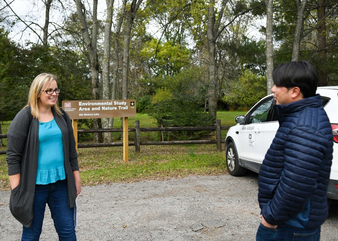Antioch Middle School science teacher Thomas Yan meets with Natural Resource Program Manager Crystal Tingle for a walk through the Old Hickory Environmental Study Area where she explains the diverse collection of trees, foliage, and habitats built for local insect and wildlife at Drakes Creek Park in Hendersonville, TN.