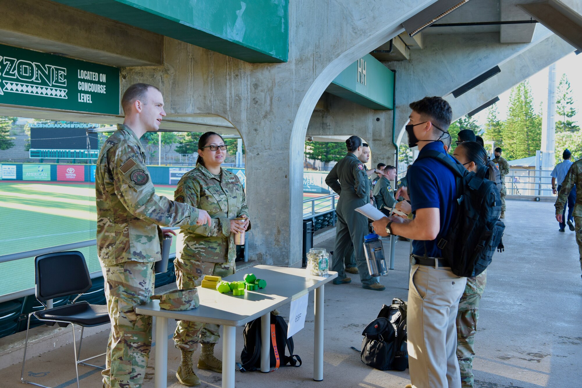 Air Force officers assigned to the 15th Wing Comptroller Squadron meet with Air Force Reserve Officer Training cadets from Detachment 175 for a career day at the University of Hawaii at Mānoa, Hawaii, Oct. 22, 2021. Cadets were able to meet and ask questions about possible career fields they may be interested in and learn more about the Air Force. (U.S. Air Force photo by 1st Lt. Benjamin Aronson)