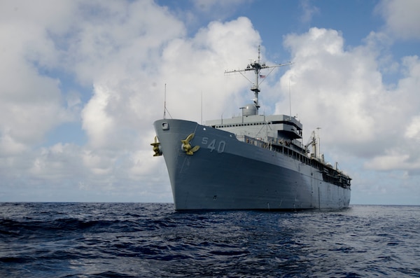 171229-N-DA434-211 PACIFIC OCEAN (Dec. 29, 2017) The submarine tender USS Frank Cable (AS 40) sails the Pacific Ocean, during a man-overboard drill. Frank Cable, forward-deployed to Guam, repairs, rearms and reprovisions deployed U.S. Naval Forces in the Indo-Asia-Pacific region. (U.S. Navy photo by Mass Communication Specialist 3rd Class Alana Langdon)