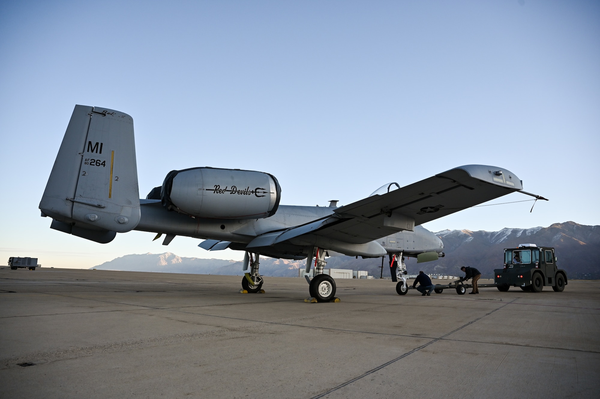 A-10 Thunderbolt II, tail number 80-0264, is towed to the flight line at Hill Air Force Base, Utah,