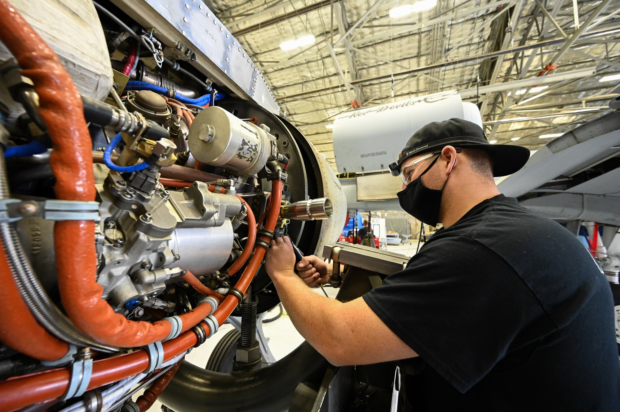 Kalen Cole, 571st Aircraft Maintenance Squadron, works an engine for A-10 Thunderbolt II, tail number 80-0264, at Hill Air Force Base,