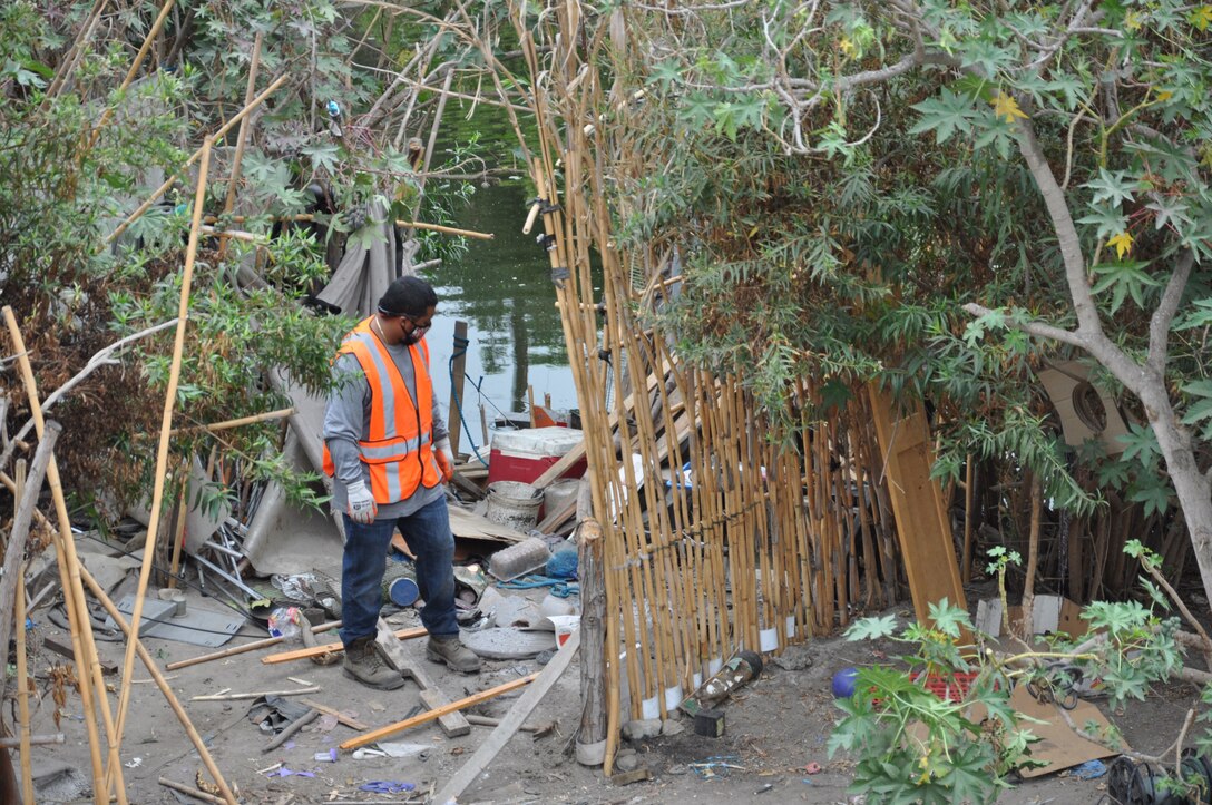 A contracted worker contemplates how best to remove a fence of giant reeds (Arundo donax) from an abandoned campsite. The U.S. Army Corps of Engineers Los Angeles District cleared about 120 acres of San Jose Creek and the San Gabriel River, Sept. 27-Oct. 22, 2021, in a cleanup project.