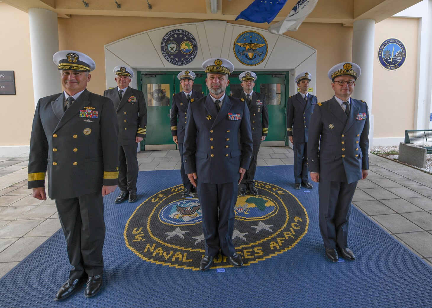 Rear Adm. Christophe Cluzel, Commander French Maritime Forces, center, poses for a photo with Rear Adm. Anthony Carullo, Director of Maritime Operations, left, and Rear Admiral Emmanuel Slaars, Deputy Commander, French Maritime Forces, during his visit to Naval Support Activity Naples, Italy, Oct. 25, 2021. U.S. Sixth Fleet, headquartered in Naples, Italy, conducts full spectrum joint and naval operations, often in concert with allied and interagency partners in order to advance U.S. national interests and security and stability in Europe and Africa.