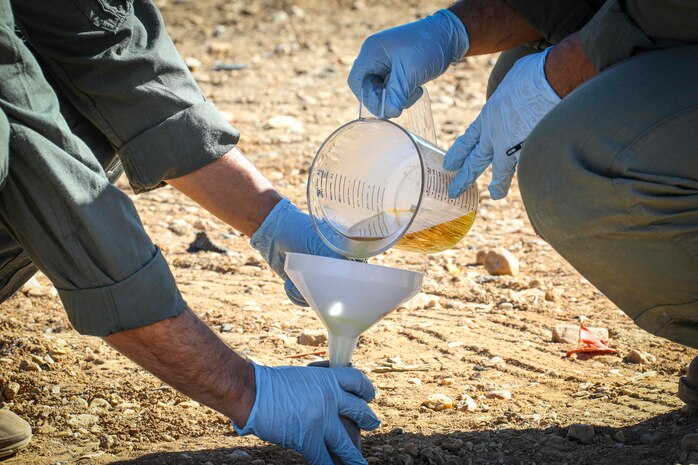 Quantico, Virginia (October 20, 2021) – U.S. Marines from The Chemical Biological Incident Response Force participate (CBIRF) in a training range designed to train Explosive Ordinance Disposal technicians (EOD), in Quantico, Virginia. Training with various chemicals and explosives and how they interact is a vital part of EOD readiness. CBIRF EOD trains year round in order to maintain their ability to allow CBIRF to respond quickly, effectively, and safely. (U.S. Marine Corps Photo by Staff Sgt. Kristian S. Karsten/Released)
