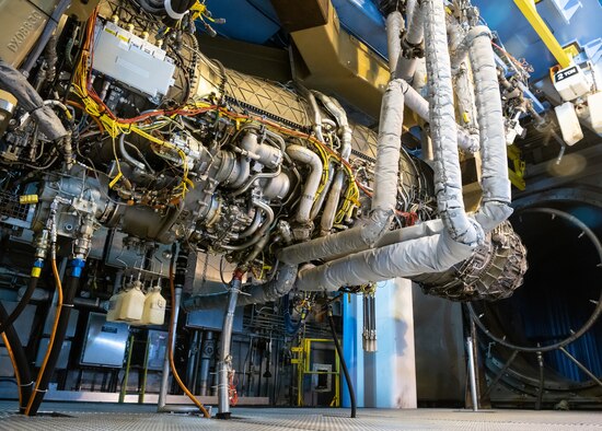 A Pratt & Whitney F135 engine hangs in Arnold Engineering Development Complex (AEDC) Sea Level Test Cell 3 at Arnold Air Force Base, Tenn., between test runs Sept. 2, 2021. The F135, used to power the F-35 Joint Strike Fighter, is undergoing Accelerated Mission Testing in the AEDC facility in support of Component Improvement Program efforts. (U.S. Air Force photo by Jill Pickett)