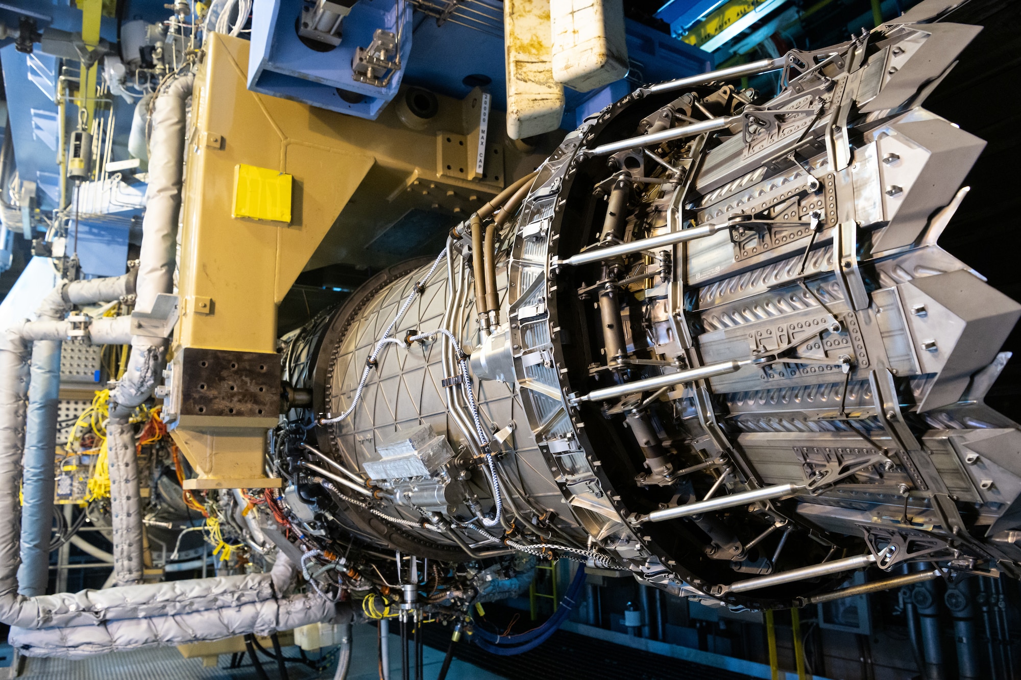 A Pratt & Whitney F135 engine hangs in Arnold Engineering Development Complex (AEDC) Sea Level Test Cell 3 at Arnold Air Force Base, Tenn., during an inspection and maintenance period Sept. 2, 2021. The F135, used to power the F-35 Joint Strike Fighter, is undergoing Accelerated Mission Testing in the AEDC facility in support of Component Improvement Program efforts. (U.S. Air Force photo by Jill Pickett)