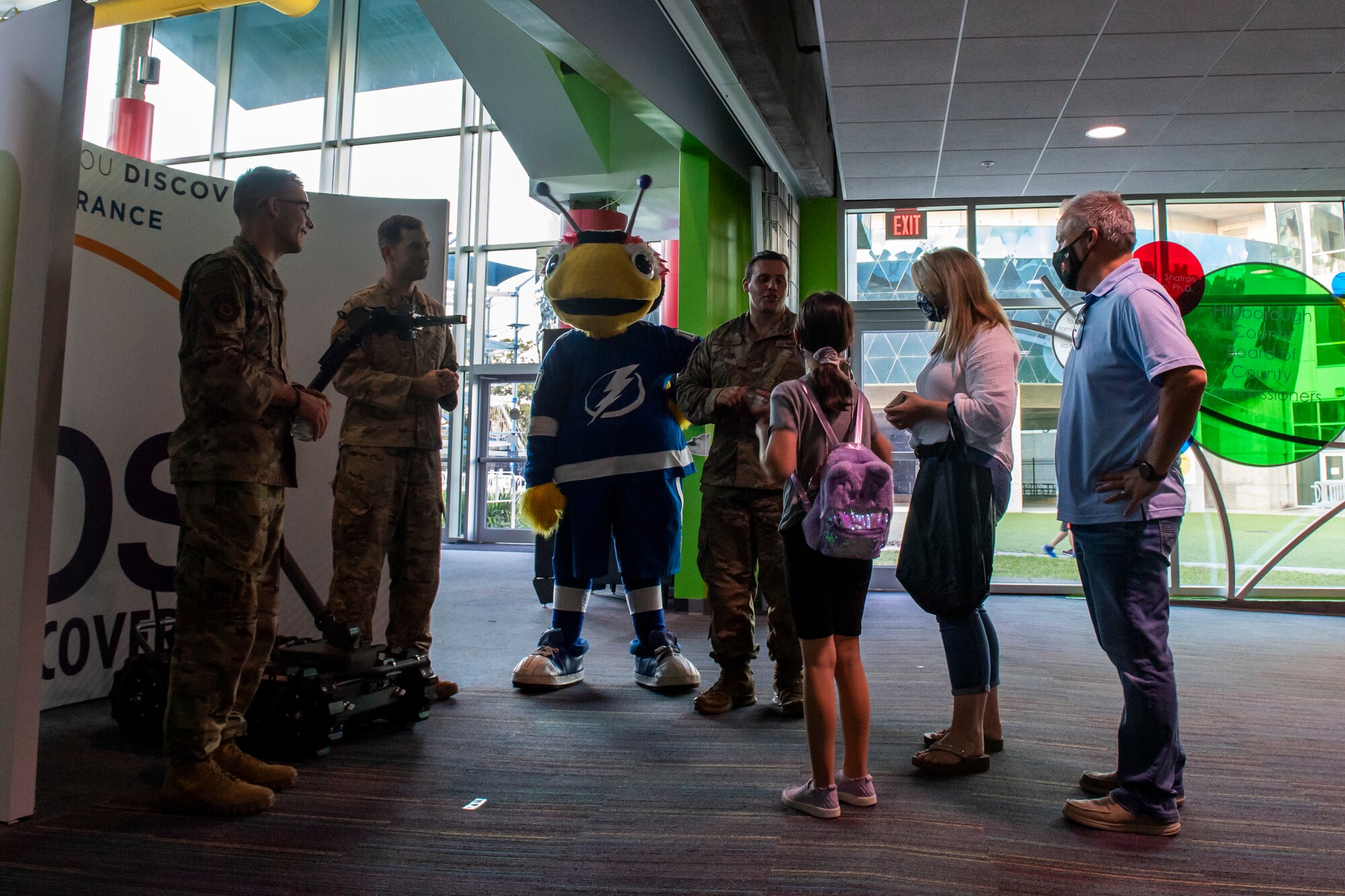 Explosive Ordnance Disposal Airmen from the 6th Civil Engineer Squadron display drone capabilities during the STEMtober event at the Museum of Science and Industry in Tampa, Florida, Oct. 21, 2021.