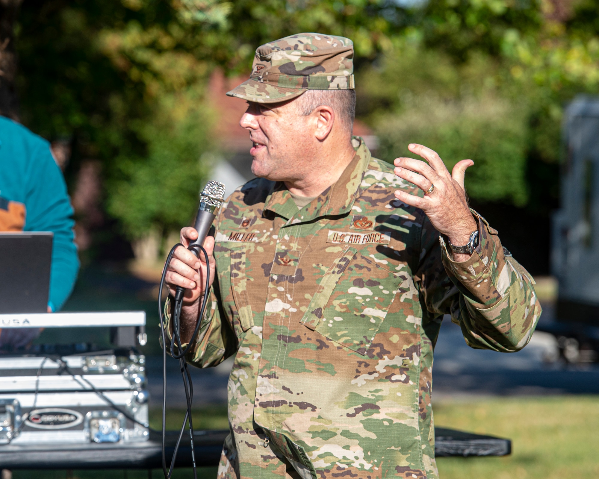 Col. Patrick Miller, 88th Air Base Wing and installation commander, speaks at the Great Pumpkin Off and “Truck or Treat” event Oct. 21