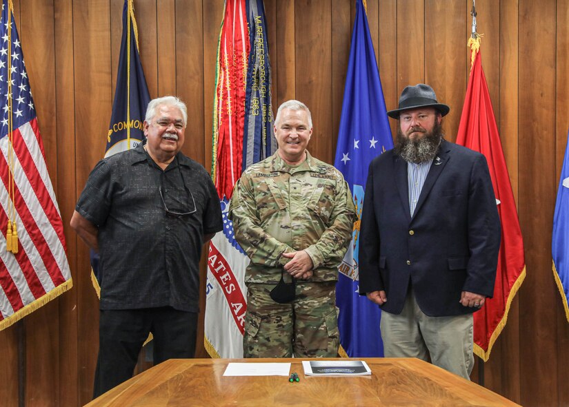 From left to right, Association of Civilian Technicians (ACT) members, Mr. Pete Rendon, president of the Air Bluegrass Chapter, Maj. Gen. Hal Lamberton, Kentucky Adjutant General, Mr. Chris Searcy, president of the Kentucky Army Chapter pose for a photo prior to the official signing of the 2021 Kentucky National Guard Joint Labor-Management Agreement, Oct. 25, 2021, on Boone National Guard Center, Frankfort, Ky.