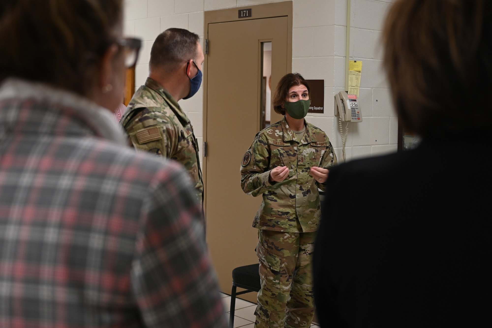 U.S. Air Force Maj. Gen. Andrea Tullos, Air Education and Training Command deputy commander, credits the ingenuity and creativity of the 312th Training Squadron Special Instruments Training members during an AETC’s Civic Leader Program tour, on Goodfellow Air Force Base, Texas, Oct. 27, 2021. SPINSTRA’s goal is to develop Airmen into next generation problem solvers while applying data analysis. (U.S. Air Force photo by Senior Airman Ethan Sherwood)