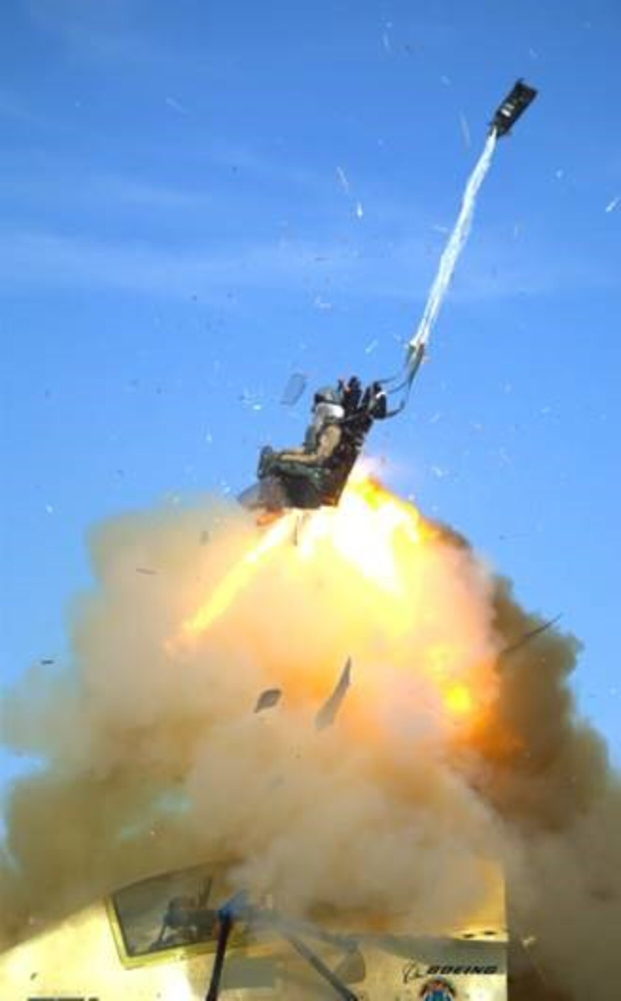 A manikin ejects from a Boeing T-7A Red Hawk in June during ongoing qualification tests of the ejection system for the T-7A at the Holloman High Speed Test Track (HHSTT) at Holloman Air Force Base, New Mexico. The U.S. Air Force previously announced its intent to replace its prior trainer jet, the T-38C Talon, with the T-7A. Ejection system testing of the T-7A is expected to continue at the HHSTT through early next year, and the first flight-ready T-7A is set to be delivered in 2023. The HHSTT, a rocket sled track that can test models of varying sizes up to full-scale at speeds of up to Mach 8, is operated by the 846th Test Squadron, part of the 704th Test Group at Holloman AFB. The 704 TG is a unit of Arnold Engineering Development Complex, headquartered at Arnold Air Force Base, Tenn. (U.S. Air Force photo)