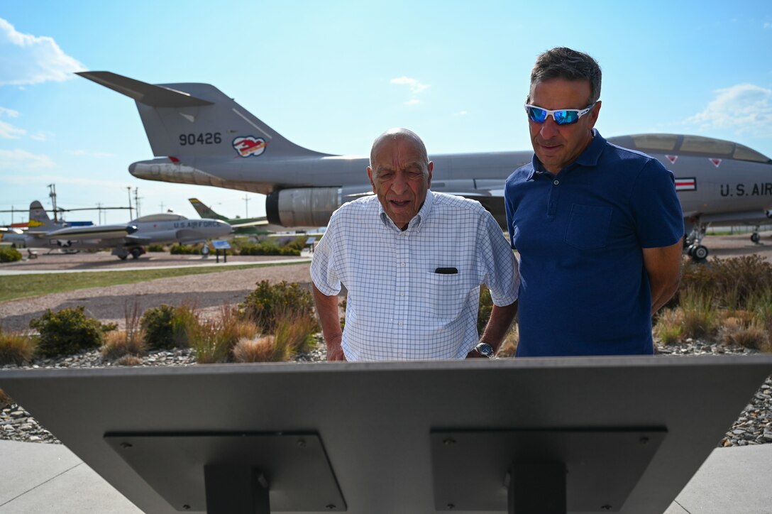Fred Solomon and his son Mark tour the South Dakota Air and Space Museum near Ellsworth Air Force Base, S.D., Sept. 14, 2021. Fred served in the 77th Bombardment Squadron from 1951 until 1955 at what was then, Rapid City Air Force Base. (U.S. Air Force photo by Staff Sgt. Hannah Malone)