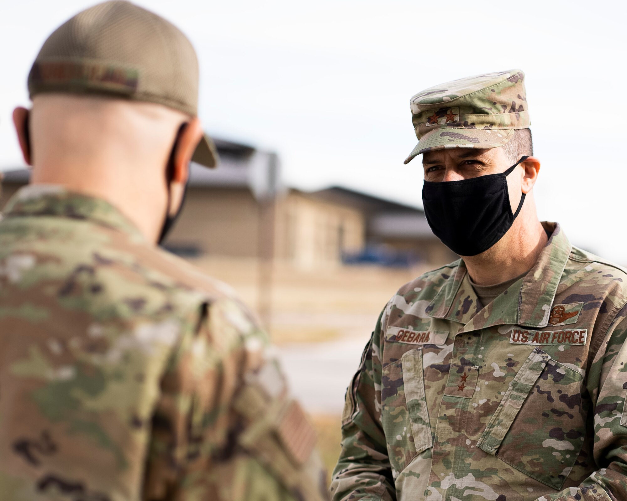 Maj. Gen. Andrew Gebara, 8th Air Force and Joint-Global Strike Operations Center commander, speaks with Col. Joseph Sheffield, 28th Bomb Wing commander, about base operations during a tour of base facilities at Ellsworth Air Force Base, S.D, Oct. 25, 2021. Gebara is responsible for the service’s bomber force and airborne nuclear command and control assets, encompassing approximately 21,000 Airmen across six installations. (U.S. Air Force photo by Senior Airman Austin McIntosh)