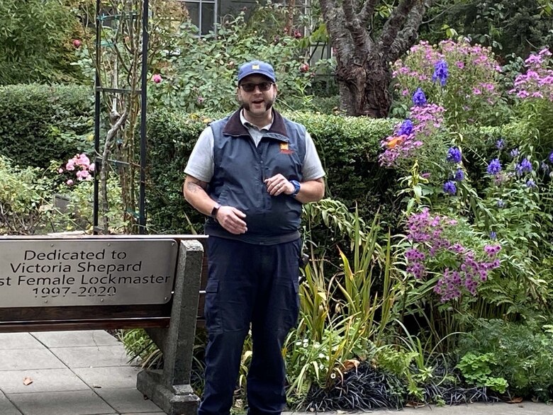 Photo of Joseph "Joey" Cavallaro, lock and dam operator supervisor at the Lake Washington Ship Canal and Hiram M. Chittenden Locks, gives words of praise for his former coworker Victoria "Vickie" Shepard.