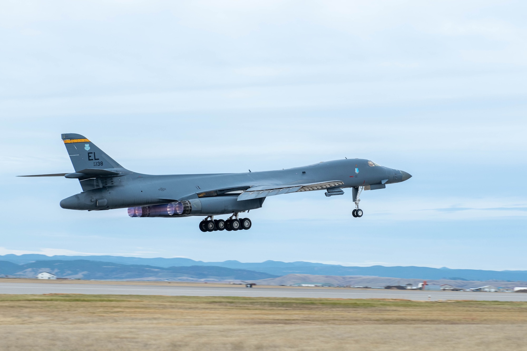 Maj. Gen. Andrew Gebara, 8th Air Force and Joint-Global Strike Operations Center commander, takes off in a B-1B Lancer at Ellsworth Air Force Base, S.D., Oct. 26, 2021. Gebara is responsible for more than 150 E-4B Nightwatch, B-1B Lancer, B-2 Spirit, B-52 Stratofortress and T-38 Talon aircraft that span six different installations. (U.S. Air Force photo by Airman 1st Class Quentin Marx)