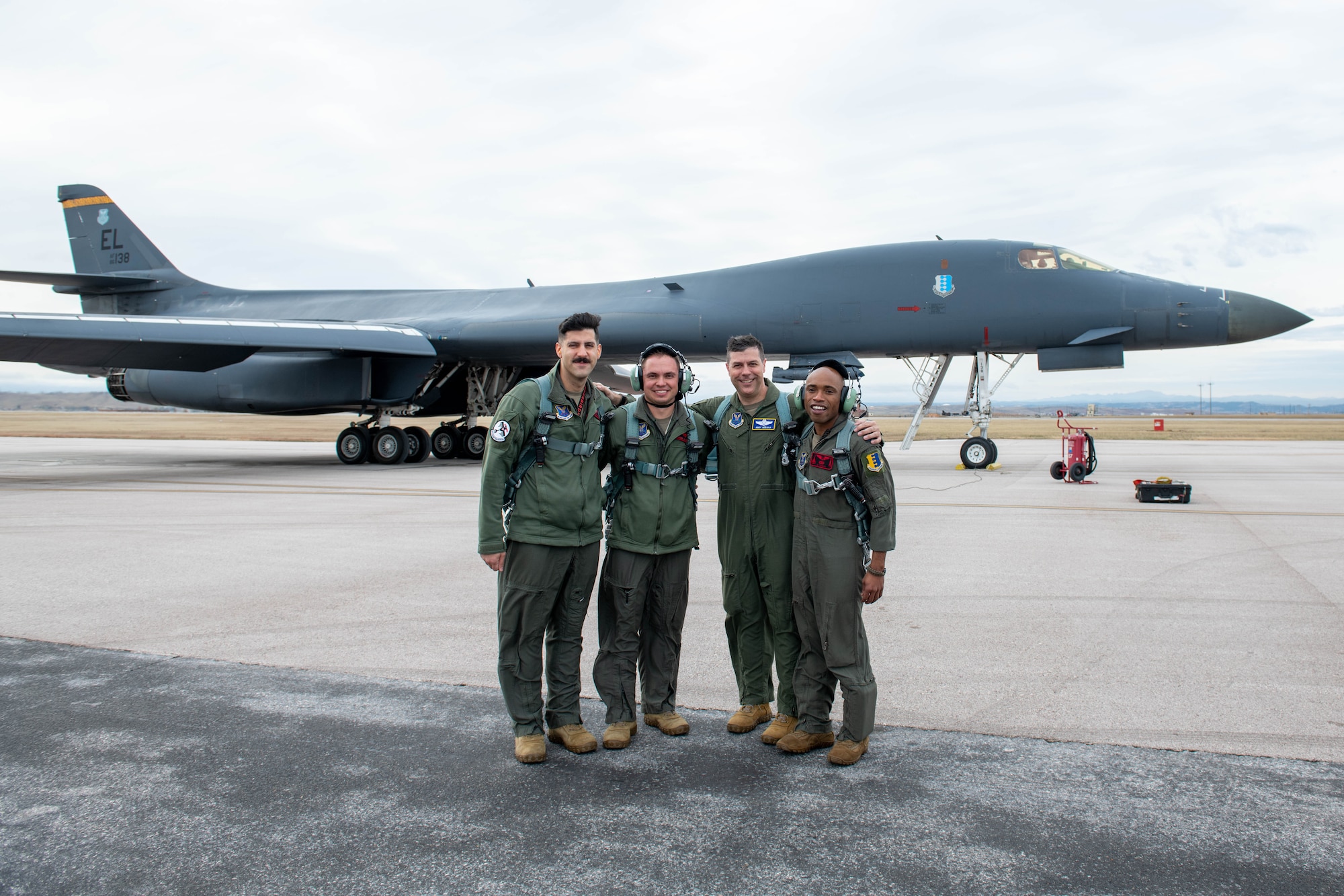 Maj. Gen. Andrew J. Gebara, 8th Air Force and Joint-Global Strike Operations Center commander, poses with 34th Bomb Squadron aviators for a group photo at Ellsworth Air Force Base, S.D., Oct. 26, 2021. Gebara heads the J-GSOC, which serves as the central command and control node for all operations within Air Force Global Strike Command. (U.S. Air Force photo by Airman 1st Class Quentin Marx)