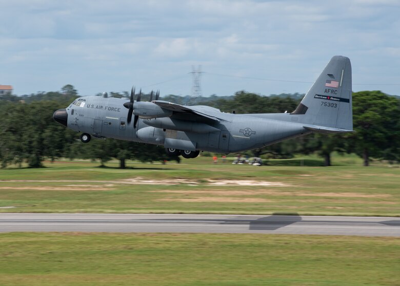 A WC-130J Super Hercules aircraft assigned to the 53rd Weather Reconnaissance Squadron Hurricane Hunters at Keesler Air Force Base, Miss., takes off for a training flight Oct. 13, 2021. During the flight, a team tested new satellite communications capabilities that could enable more information to be disseminated during weather reconnaissance flights.