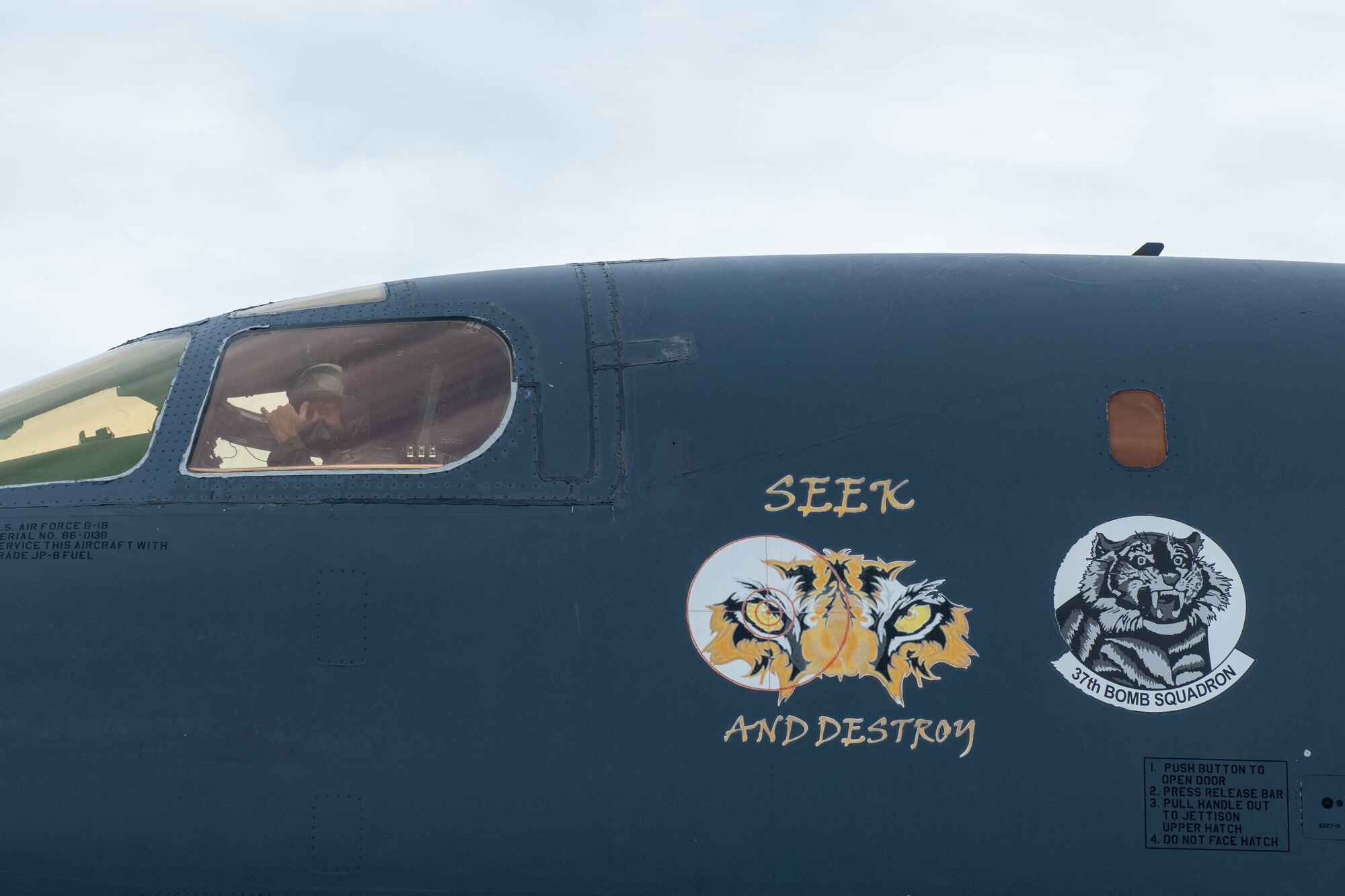 Maj. Gen. Andrew Gebara, 8th Air Force and Joint-Global Strike Operations Center commander, waves goodbye in a B-1B Lancer before a flight at Ellsworth Air Force Base, S.D., Oct. 26, 2021. Gebara has flown several aircraft during his time in service, such as the A-10 Thunderbolt, B-2 Spirit, B-52 Stratofortress, E-6 Mercury and the T-38 Talon, adding the B-1B Lancer to his list. (U.S. Air Force photo by Airman 1st Class Quentin Marx)