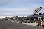 Two F-35A Lightning II aircraft stand alongside three F-22 Raptors.