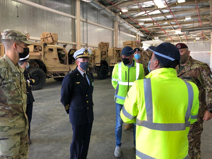 Italian Naval Academy Commander Rear Admiral Flavio Biaggi visited Army Field Support Battalion Africa at Leghorn Army Depot Oct. 14 to receive a tour of its facilities and a capabilities briefing reference the battalion’s Army Prepositioned Stock-2 operations and worksite. The AFSBn Africa command team said the visit was a good military-to-military relationship building opportunity, and they look forward to the possibility of hosting a future Leadership Professional Development seminar with the Italian admiral and his cadets at the APS-2 worksite in the weeks to come. The 405th Army Field Support Brigade’s AFSBn Africa at Leghorn Army Depot is U.S. Army Europe and Africa’s premier power projection platform south of the Alps, supporting both the European and the African theaters of operations. (U.S. Army courtesy photo)