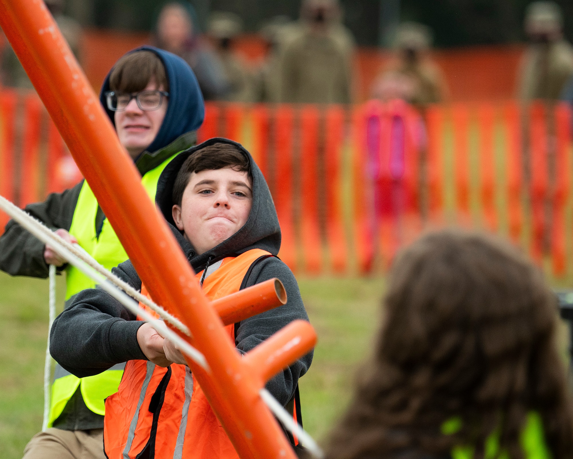 A team participates in the human-powered Class C category Oct. 22, 2021, at Wright-Patterson Air Force Base’s 16th Annual Pumpkin Chuck. Four competitors would pull on the ropes of a catapult to send a gourd toward a target several hundred feet downrange. (U.S. Air Force photo by R.J. Oriez)