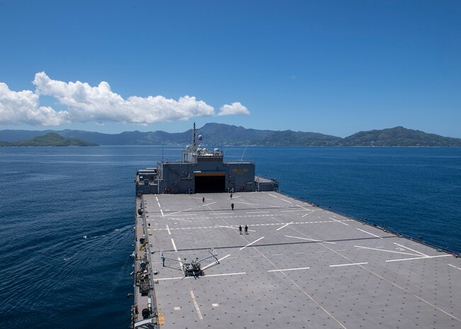 VICTORIA, Seychelles (Oct. 29, 2021) The Expeditionary Sea Base USS Hershel "Woody" Williams (ESB 4) approaches port in Victoria, Seychelles, Oct. 29, 2021. Hershel "Woody" Williams is on a scheduled deployment in the U.S. Sixth Fleet area of operations in support of U.S. national security interests in Europe and Africa.