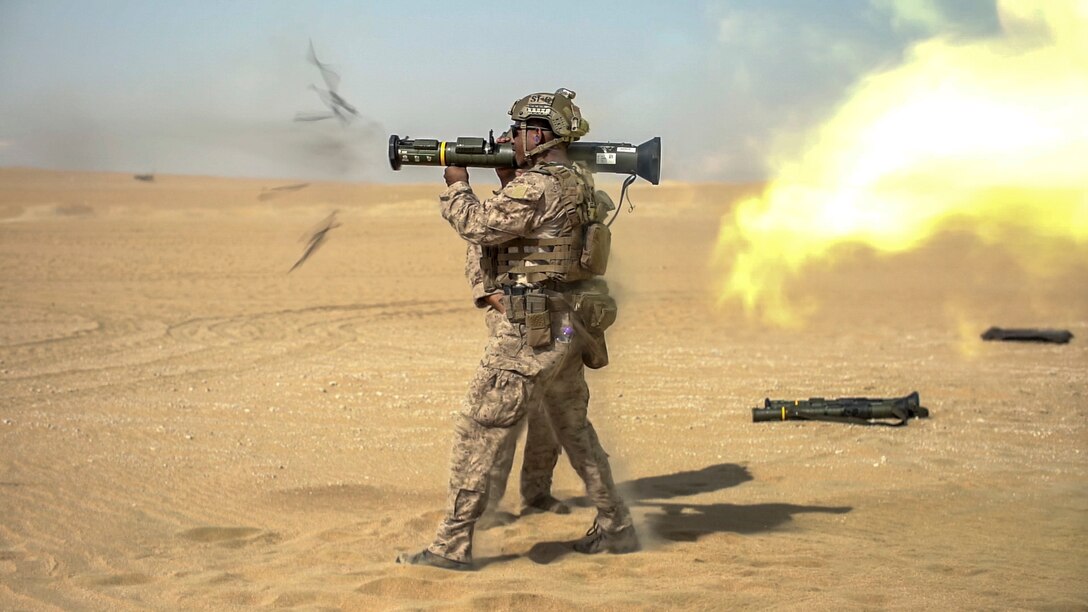 UDARI RANGE COMPLEX, Kuwait (Oct. 7, 2021) Reconnaissance Marine assigned to the All Domain Reconnaissance Detachment, 11th Marine Expeditionary Unit (MEU), fires an M136E1 AT4-CS confined space light anti-armor weapon during a live-fire range at the Udari Range Complex, Kuwait, Oct. 7. The 11th MEU and Essex Amphibious Ready Group are deployed to the U.S. 5th Fleet area of operations in support of naval operations to ensure maritime stability and security in the Central Region, connecting the Mediterranean and Pacific through the Western Indian Ocean and three strategic choke points. (U.S. Marine Corps photo by Cpl. Israel Chincio/Released)