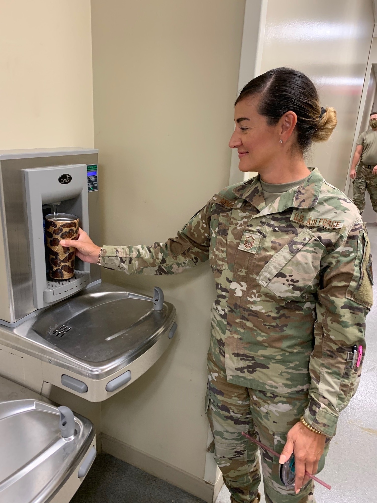 The 189th Airlift Wing Maintenance Group building recently hit a milestone in their ongoing effort to be better stewards of the environment.  The unit has several water fountain stations where airmen can refill their personal water bottles, an effort that can save thousands of water bottles each year.  An average American spends about $5.00 per week on bottled water, with sales topping more than $14 million per year in previous years.