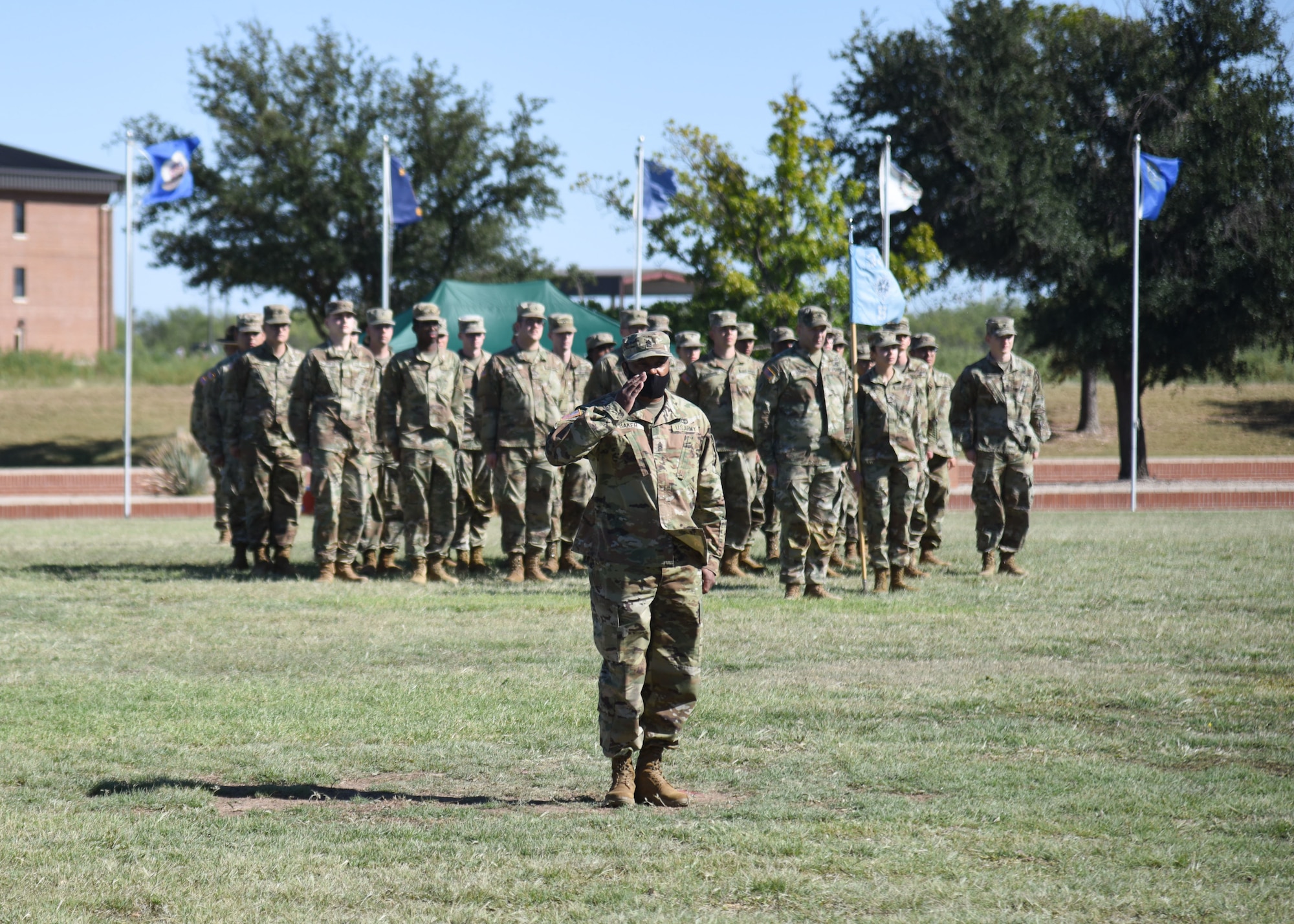 U.S. Army Command Sgt. Maj. Sudan Baker, incoming 344th Military Intelligence Battalion command sgt. maj. salutes U.S. Army Lt. Col. Joseph Garwacki, 344th MI BN commander, upon assuming the role of command sergeant major Oct. 28, 2021, at Goodfellow Air Force Base, Texas. It is a command sergeant major’s job to extend command influence, assess force morale and assist command in critical events. (U.S. Air Force photo by Staff Sgt. Tyrell Hall)