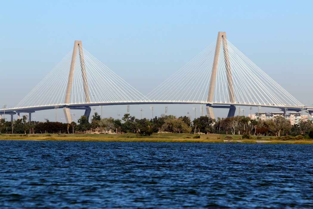 The Arthur Ravenel Jr. Bridge is seen from Crab Bank, a 32-acre site of prime nesting habitat for many coastal birds that is being restored.  Prior to 2017, nearly 4,000 nests could be found in a single summer along with thousands of offspring. The island also provided rest and nourishment for hundreds of migrating shorebirds. But wind and waves have taken a toll on this unique resource and Crab Bank is now a tiny fraction of its original size. In 2017, Hurricane Irma washed away most of the remaining high ground, removing any opportunity for nesting birds.