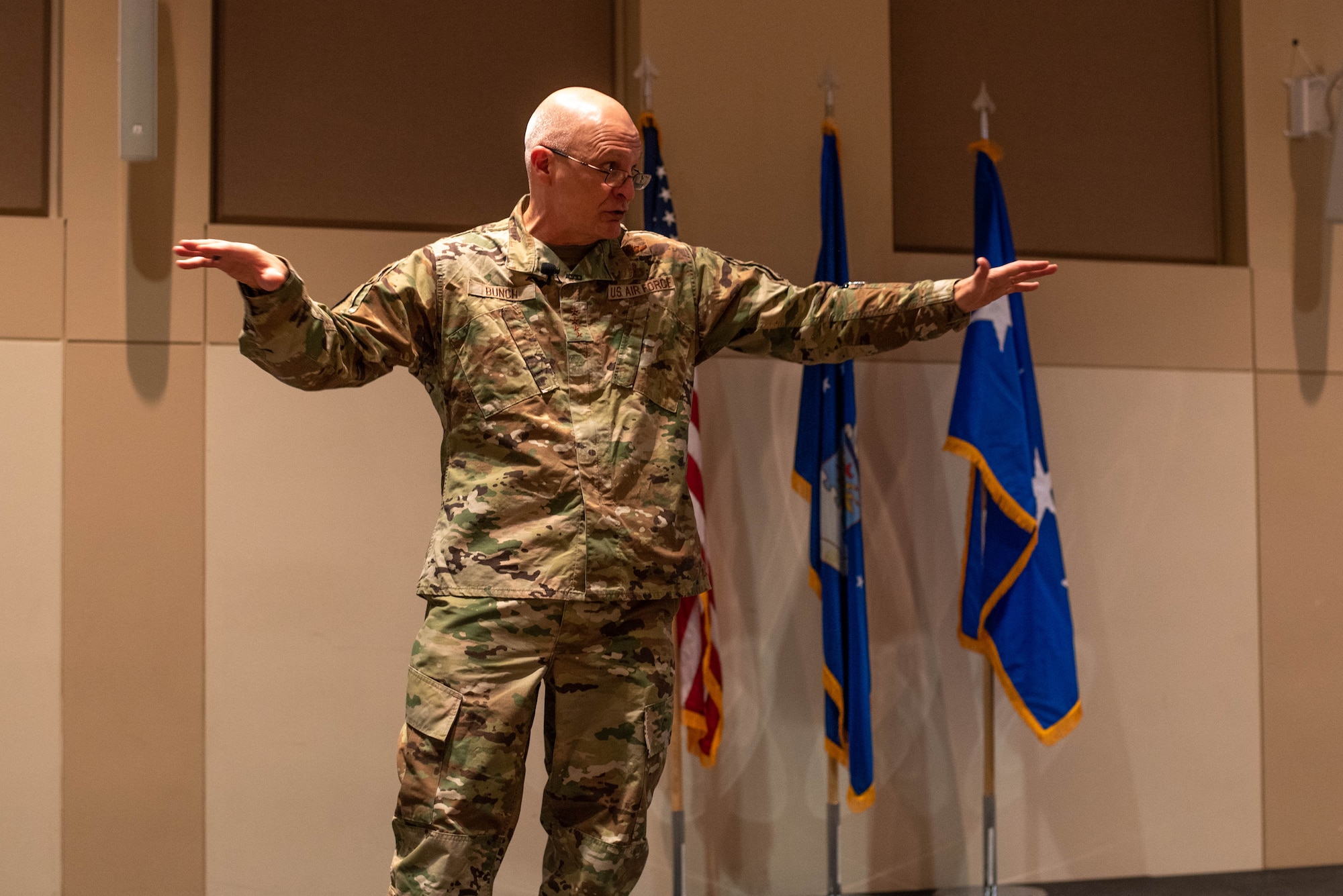 Gen. Arnold W. Bunch, Jr., Air Force Materiel Command commander, speaks to Airmen during a town hall on Buckley Space Force Base, Colo., Oct. 28, 2021. Airmen assigned to the U.S. Space Force will be supported by Air Force Materiel Command which will provide the same force development, functional and administrative support for Airmen working at Space Force installations as they currently provide to AFMC Airmen. (U.S. Space Force photo by Airman 1st Class Shaun Combs)