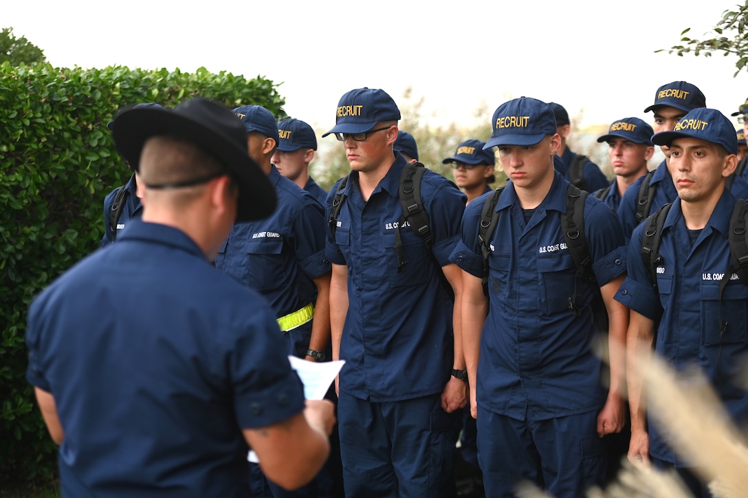 Coast Guard recruits in company Delta-201 receive orders to their first duty stations at the Fisherman’s Memorial in Cape May, N.J., Sept. 8, 2021. U.S. Coast Guard Training Center Cape May serves the American public by leveraging the talent and passion of our staff to produce high quality, mission-ready recruits, and delivering professional and customer-focused services to enable missions for our units, tenants, and region. (U.S. Coast Guard photo by Petty Officer 2nd Class Shannon Kearney)