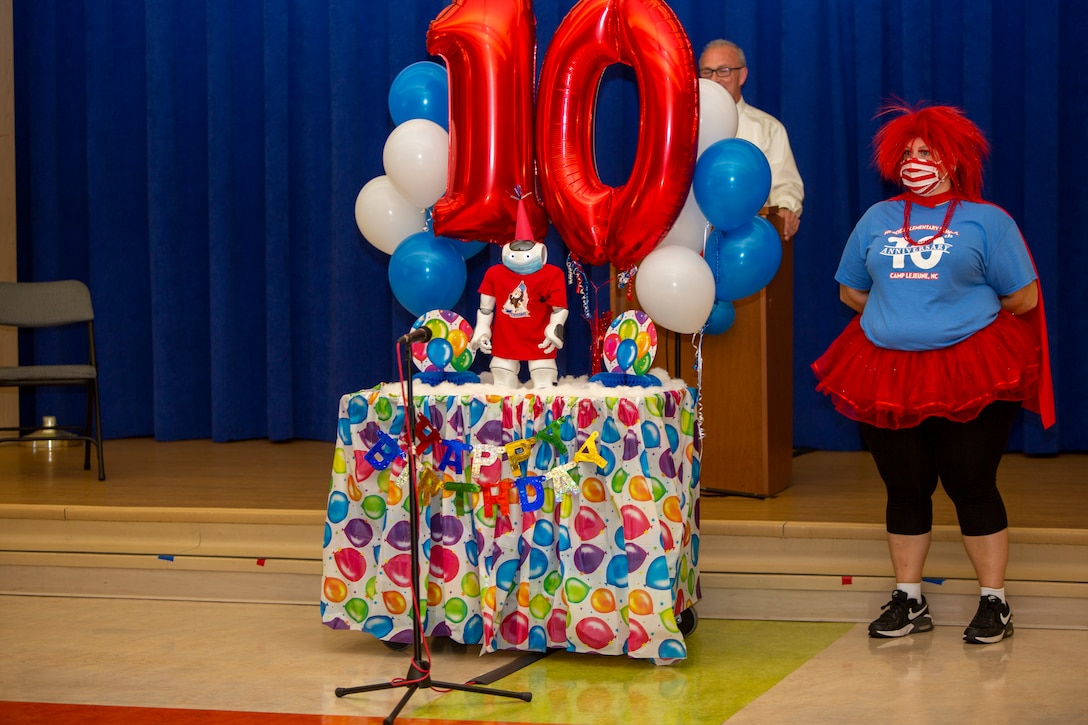 “Hero”, the Heroes Elementary School mascot, speaks at Heroes Elementary School, on Marine Corps Base Camp Lejeune, North Carolina, Oct. 26, 2021.