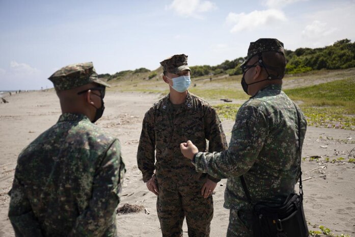 U.S. Marine Capt. Shane Kim, Logistics Officer for Headquarters Battalion, 3rd Marine Division conducts a Beach Landing Site survey alongside Maj. Laurence Medina, Operations Officer for the Philippine Marine Corps’ Coastal Defense Regiment as part of Exercise KAMANDAG 5-21 in Claveria, Philippines, Oct. 3, 2021. BLS surveys provide vital information in support of amphibious operations, enabling rapid, bilateral response to crisis when required.