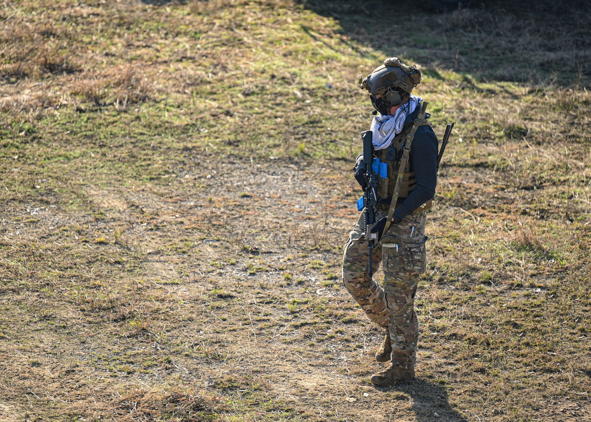An Airman participates in a simulated engagement