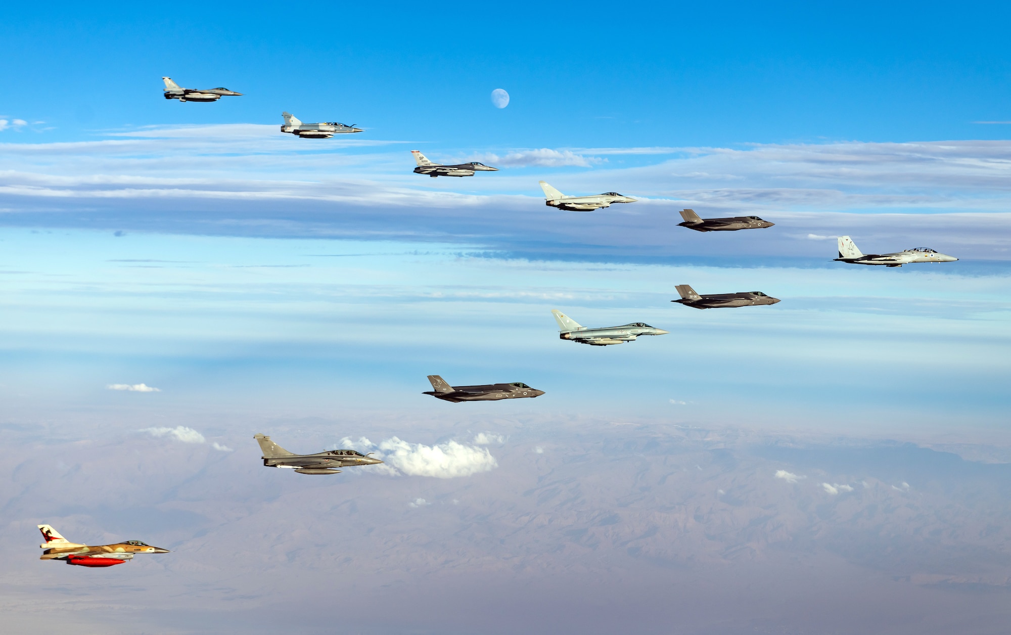 Fourth and fifth-generation aircraft from eight countries participate in a partnership flight.