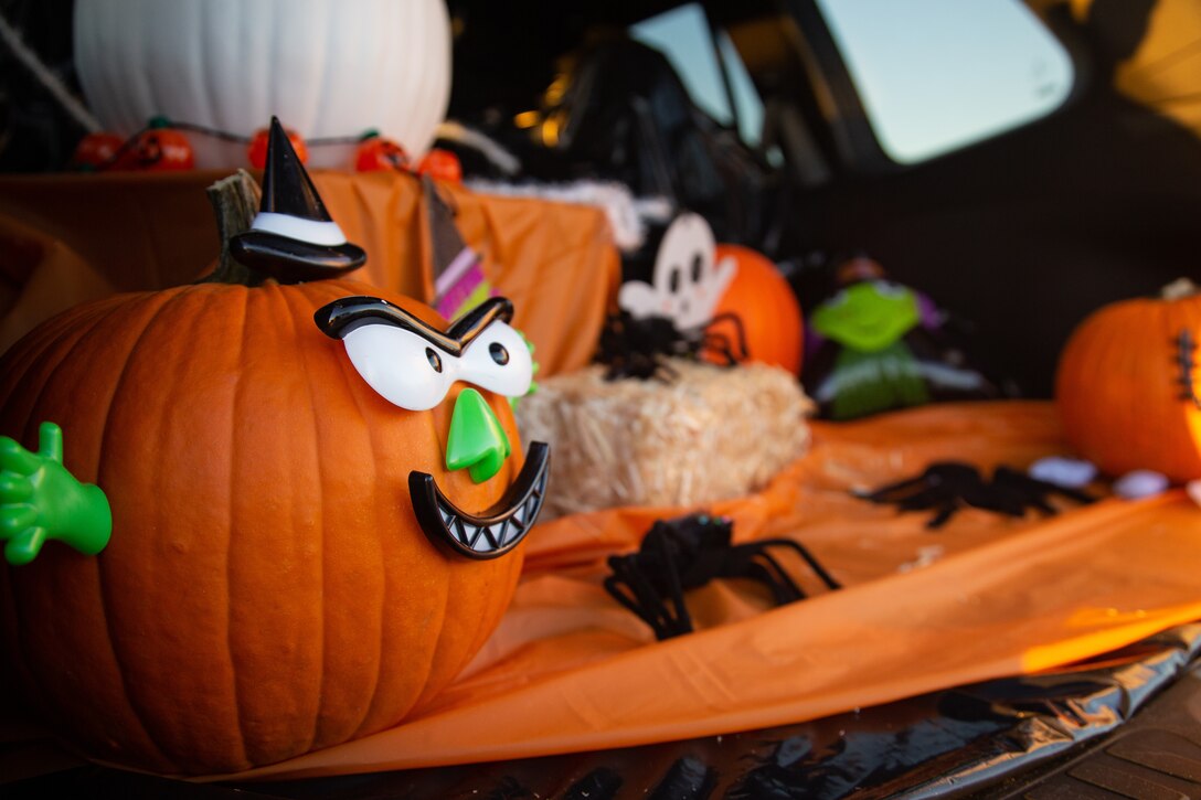 Pumpkins decorated by service members are displayed during the 7th Annual Red Ribbon Trunk or Treat at Marine Corps Air Station Yuma, Ariz., Oct. 28, 2021.
