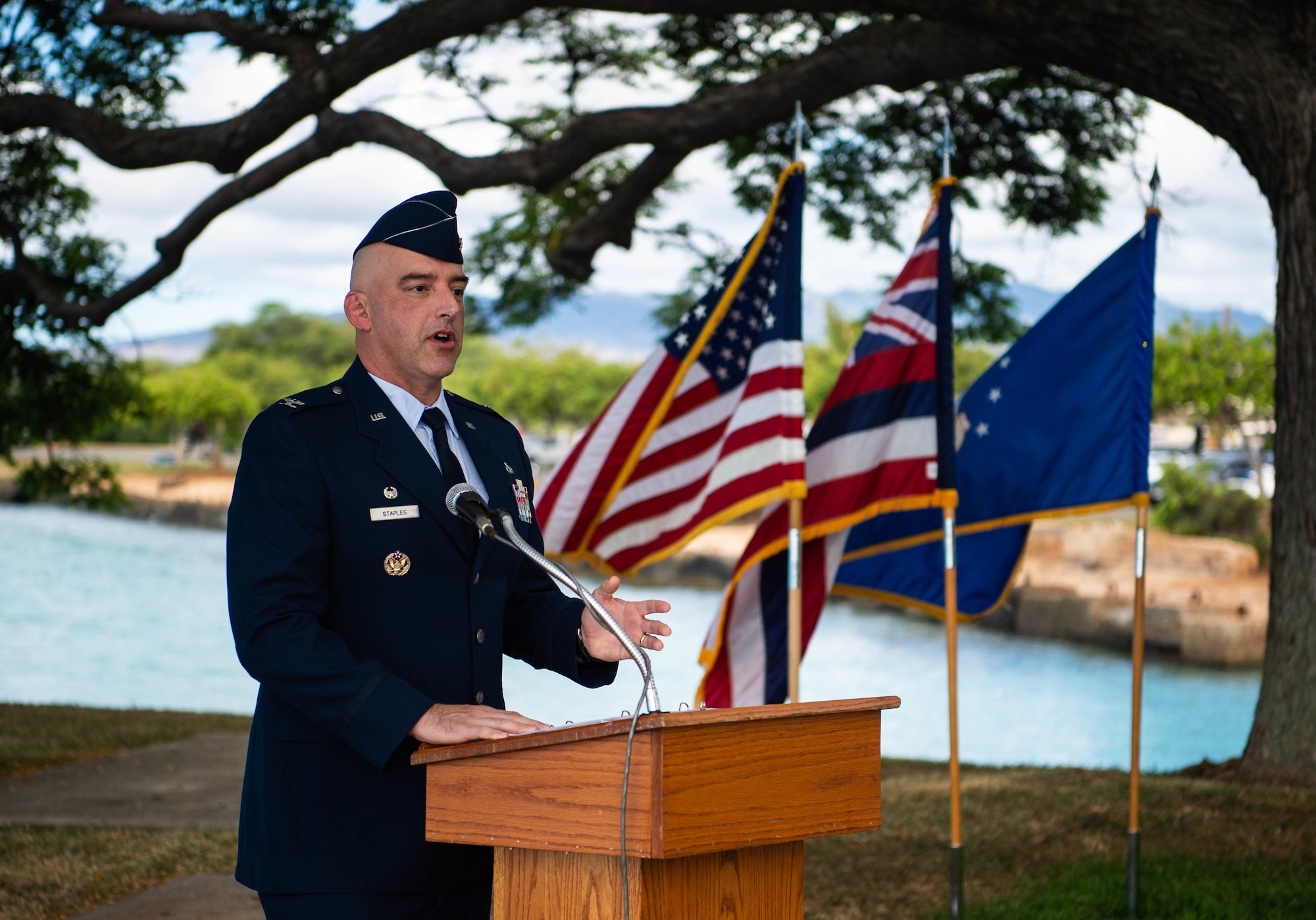 Col. Michael Staples, 647th Air Base Group commander and Joint Base Pearl Harbor-Hickam deputy commander, gives the initial speech during a redesignation ceremony at JBPHH, Hawaii, Oct. 29, 2021. The ceremony commemorated the name change of the 747th Communications Squadron to the 747th Cyberspace Squadron. (U.S. Air Force photo by Senior Airman Alan Ricker)