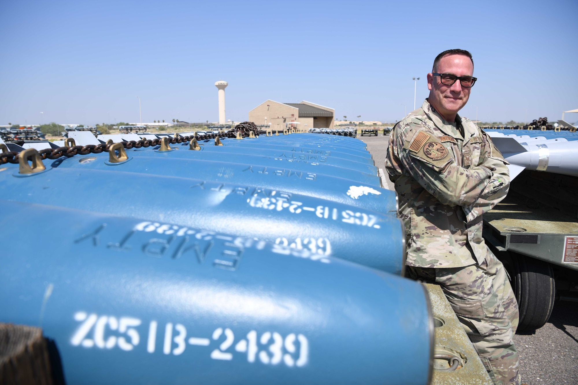 LUKE AIR FORCE BASE, Ariz. -- Reserve Citizen Airman Staff Sgt. Stephen Zanzucchi, 944th Maintenance Squadron munitions support equipment maintenance crew chief, poses for a photo at Luke Air Force Base, Arizona, September 16, 2021. Zanzucchi was an elementary school teacher prior to joining the service and is the author of six children’s book. (U.S. Air Force photo/Tech. Sgt. Courtney Richardson)