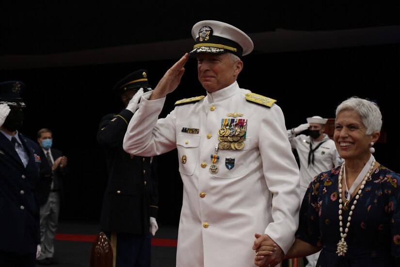 U.S. Navy Adm. Craig S. Faller, outgoing commander of U.S. Southern Command, renders a ceremonial salute following a recitation of “The Watch” during a change of command ceremony at SOUTHCOM Headquarters in Doral, Florida, Oct. 29, 2021.