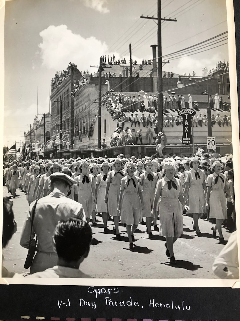 Coast Guard SPARS marching in formation as part of Honolulu’s V-J (Victory over Japan) Day Parade. (Photo: Courtesy of family) At least six women from Oklahoma’s tribal nations served in the U.S. Coast Guard Women’s Reserves (“SPARS”) during World War II, bringing honor to their Nation and their Tribes. 