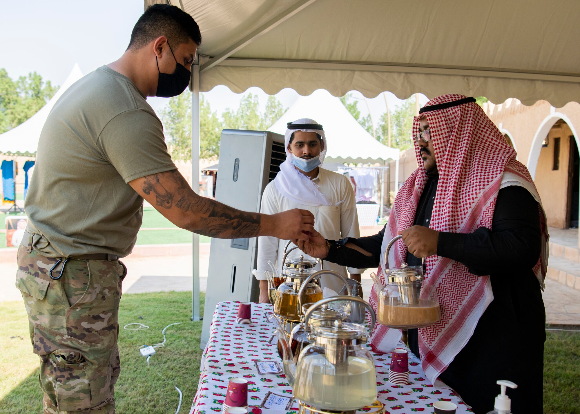 More than 500 U.S. service members from across Prince Sultan Air Base attended the third Saudi Cultural Days at the PSAB Museum, Kingdom of Saudi Arabia, Oct. 14 to Oct. 16, 2021. The event was hosted through a collaborative effort between the Scientist Gifts Program, local members of the Royal Saudi Air Force, and the 378th Air Expeditionary Wing Host Nation Coordination Cell, to provide an opportunity for joint U.S. forces to learn about the history, culture and traditions of the nation of Saudi Arabia. Event attendees received an informational presentation, toured the museum, interacted with native animals, tried on traditional Saudi Arabian clothing, and enjoyed dates, tea, and other local food.