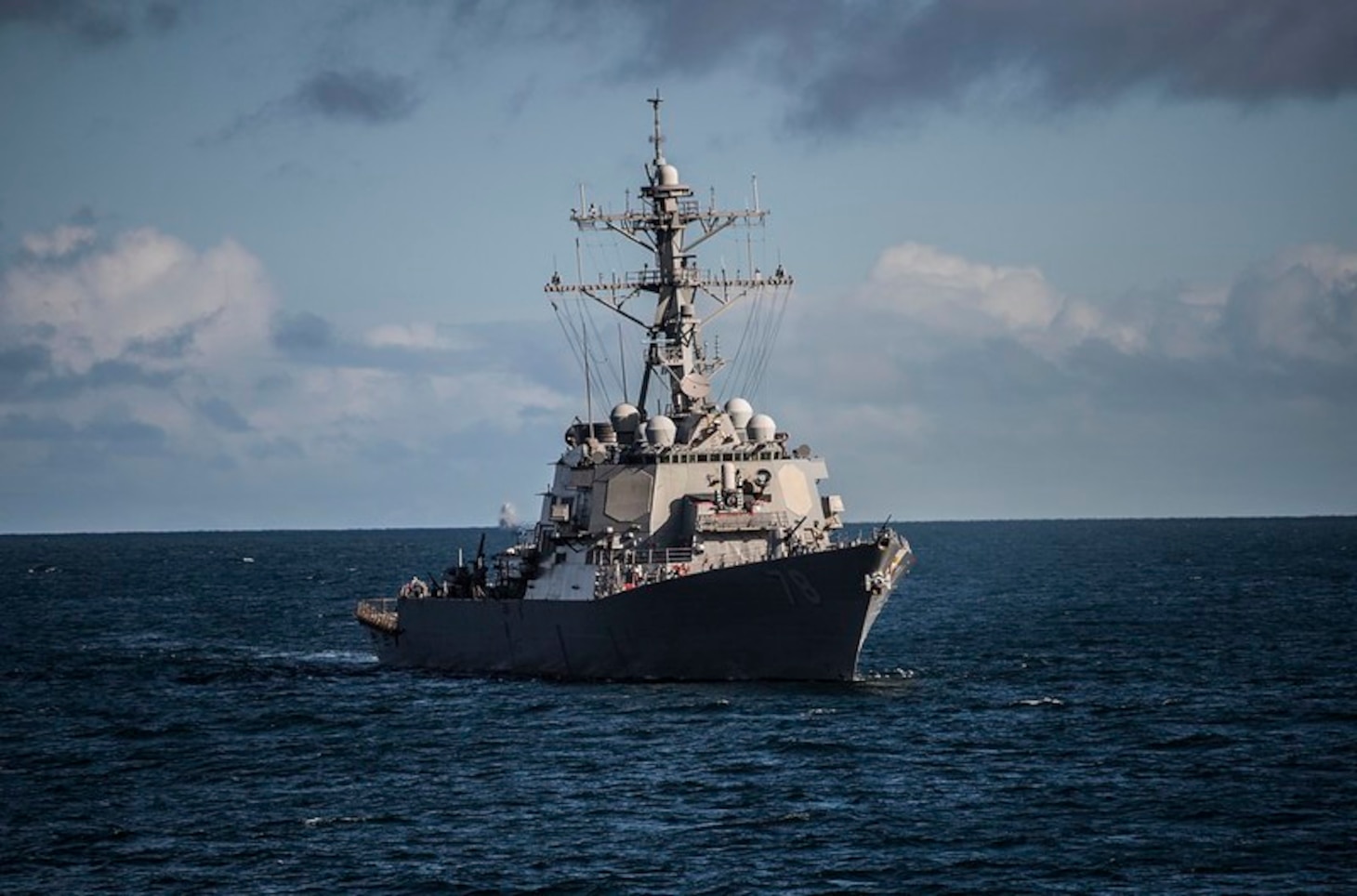 The Arleigh Burke-class guided-missile destroyer USS Porter (DDG 78) transits the North Channel during exercise Joint Warrior 19-1, April 2, 2019.