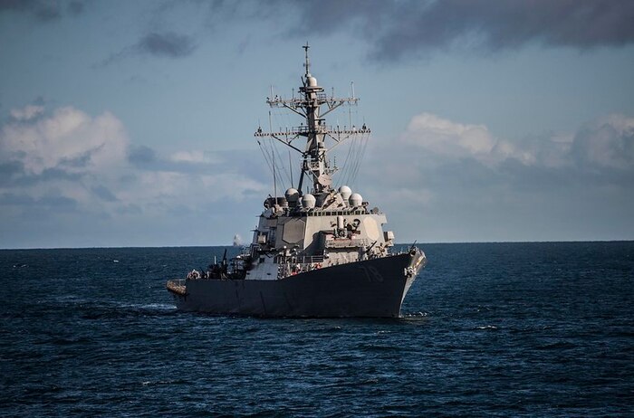 The Arleigh Burke-class guided-missile destroyer USS Porter (DDG 78) transits the North Channel during exercise Joint Warrior 19-1, April 2, 2019.