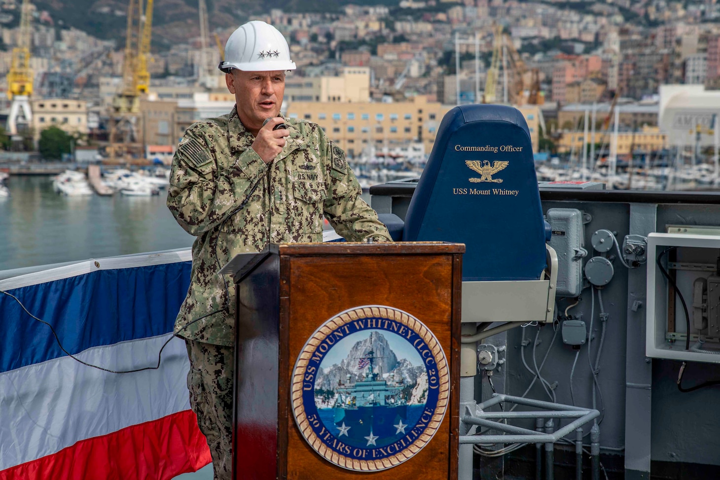 (Aug 31, 2021) Vice Adm. Gene Black, commander, U.S. Sixth Fleet, speaks during the change of command of the Blue Ridge-class command and control ship USS Mount Whitney (LCC 20) in San Giorgio Del Porto in Genoa, Italy, August, 31, 2021.  Mount Whitney, the U.S. Sixth Fleet flagship, homeported in Gaeta, Italy entered its regularly scheduled overhaul to make improvements in order to increase the security and stability of the U.S. Sixth Fleet area of operations.